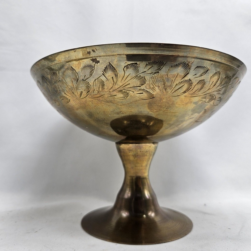 VINTAGE‎  ZY India World Gift Brass Footed Pedestal Bowl BRASS ETCHED